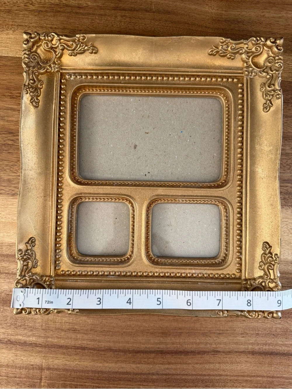 Vintage Ornate Gold Tone Triple Picture Frame 9.5” x 9.5”